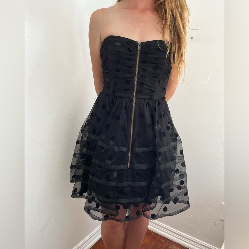 Betsey Johnson zip up polka dot strapless dress